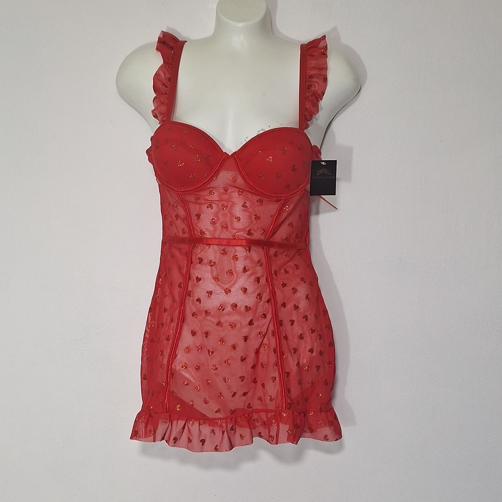Just Sexy Lingerie Chemise Mesh Sexy Red with Heart Accents